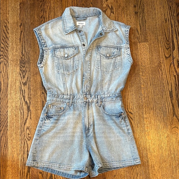 Pistola Light Blue Denim Sleeveless Romper snap front Sz M (6/8) - Picture 1 of 3